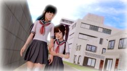 Rule 34 | 3d, age difference, artist request, black hair, blush, cellphone, flat chest, height difference, highres, holding hands, multiple girls, phone, school uniform, serafuku, shirt, skirt, t-shirt, tagme, twintails