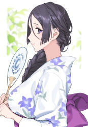 Rule 34 | 1girl, blush, braid, braided ponytail, breasts, closed mouth, fate/grand order, fate (series), floral print, hand fan, holding, holding fan, japanese clothes, kimono, large breasts, long hair, long sleeves, looking at viewer, low-tied long hair, minamoto no raikou (fate), nakuta, paper fan, parted bangs, purple eyes, purple hair, sash, single braid, solo, uchiwa, very long hair, white kimono