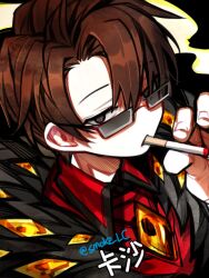 Rule 34 | 1boy, black eyes, borrowed character, brown hair, chinese text, cigarette, collared shirt, commentary request, employee (project moon), fur-trimmed jacket, fur trim, glasses, jacket, lobotomy corporation, male focus, project moon, rectangular eyewear, red shirt, shirt, short hair, shot (urem), smoking, solo, translation request