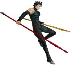 Rule 34 | 1boy, absurdres, black hair, fate/zero, fate (series), full body, highres, holding, holding weapon, lance, diarmuid ua duibhne (lancer) (fate), male focus, official art, polearm, solo, spear, takeuchi takashi, transparent background, weapon, yellow eyes