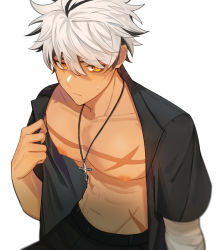 Rule 34 | 1boy, bandages, bare pectorals, black hair, black pants, black shirt, closed mouth, cross, cross necklace, elsword, jewelry, large pectorals, looking at viewer, male focus, messy hair, multicolored hair, necklace, nipples, pants, pectorals, rage hearts (elsword), raven cronwell, sa1008va, scar, scar on chest, shirt, simple background, solo, upper body, white background, white hair, yellow eyes