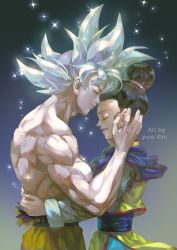 Rule 34 | 10s, 1boy, 1girl, artist name, black hair, chi-chi (dragon ball), chinese clothes, commentary request, couple, dragon ball, dragon ball super, dragonball z, earrings, closed eyes, forehead-to-forehead, grey background, hands on another&#039;s back, hands on another&#039;s face, happy, heads together, hetero, hug, husband and wife, jewelry, kim yura (goddess mechanic), short hair, simple background, smile, son goku, sparkle, spiked hair, topless male, ultra instinct, white hair