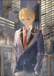 Rule 34 | 1boy, blazer, blonde hair, blue eyes, blue jacket, building, closed mouth, collared shirt, commentary, cowboy shot, grey pants, hair between eyes, hand in pocket, highres, hoshino aquamarine, jacket, long sleeves, looking at viewer, male focus, mismatched pupils, necktie, oshi no ko, pants, red necktie, school uniform, shirt, short hair, solo, star-shaped pupils, star (symbol), symbol-shaped pupils, white shirt, youtou high school uniform, ytk nina x