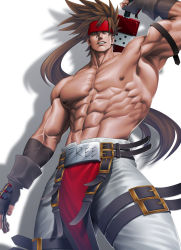 Rule 34 | 1boy, abs, arm up, bara, bare pectorals, brown hair, feet out of frame, fingerless gloves, gloves, guilty gear, harness, headband, large pectorals, long hair, looking at viewer, male focus, muscular, navel, nipples, pectorals, pelvic curtain, ponytail, red headband, sheath, topless male, sinichi okazaki, sol badguy, solo, spiked hair, sword, sword behind back, thick thighs, thighs, tight clothes, unsheathing, weapon