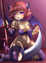 Rule 34 | 1girl, ass, blush, breasts, horns, monster girl, nail polish, open mouth, original, purple eyes, red hair, roro (sghona10), short hair, tail, weapon, wings