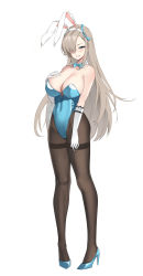 Rule 34 | 1girl, absurdres, animal ears, asuna (blue archive), asuna (bunny) (blue archive), bare shoulders, black pantyhose, blue archive, blue bow, blue bowtie, blue footwear, blue leotard, blush, bow, bowtie, breasts, cleavage, covered navel, detached collar, elbow gloves, fake animal ears, full body, gloves, hair over one eye, hairband, high heels, highleg, highleg leotard, highres, key (user eksy3878), large breasts, leotard, light brown hair, long hair, looking at viewer, mole, mole on breast, one eye covered, pantyhose, playboy bunny, rabbit ears, simple background, smile, solo, standing, traditional bowtie, white background, white gloves, white hairband
