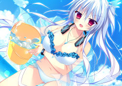 Rule 34 | 1girl, aoumi lamune, bikini, breasts, cameltoe, cleavage, cloud, collarbone, day, eyebrows, game cg, hair between eyes, headphones, headphones around neck, highres, holding, ice, jewelry, lamunation, large breasts, long hair, navel, necklace, open mouth, outdoors, red eyes, ringonotane, see-through, silver hair, solo, swimsuit, water, white bikini