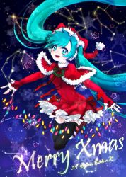 Rule 34 | 1girl, aqua eyes, aqua hair, bad id, bad pixiv id, black thighhighs, capelet, christmas, fingerless gloves, fur trim, gloves, hat, hatsune miku, headset, highres, holly, lights, long hair, looking at viewer, open mouth, sankakur, santa hat, skirt, smile, solo, thighhighs, twintails, very long hair, vocaloid