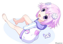 Rule 34 | 1girl, artist name, bare legs, barefoot, d-pad, d-pad hair ornament, feet, full body, hair between eyes, hair ornament, highres, looking at viewer, neptune (neptunia), neptune (series), no shoes, open mouth, parka, purple eyes, purple hair, simple background, sitting, smile, solo, toes, white background, yashi (hayashiki0404)