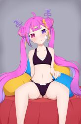 Rule 34 | 1girl, absurdres, bed, bed sheet, bra, commission, flat chest, heterochromia, highres, idol corp, long hair, multicolored hair, navel, onlysupport, panties, pink eyes, pink hair, purple bra, purple eyes, purple panties, riro ron, side-tie panties, star (symbol), thighs, twintails, underwear, underwear only, virtual youtuber