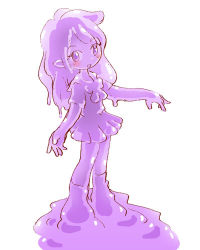 Rule 34 | 1girl, blush, colored skin, commentary request, long hair, looking at viewer, lowres, monster girl, open mouth, original, pleated skirt, pukao, purple eyes, purple skin, school uniform, simple background, skirt, slime girl, solo, standing, white background