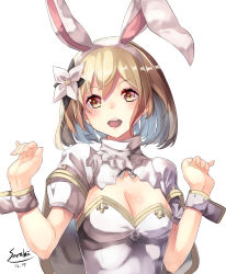 Rule 34 | 10s, 1girl, alternate costume, animal ears, artist name, bad id, bad nicoseiga id, bare shoulders, blonde hair, breasts, cleavage, clenched hands, commentary request, dated, detached collar, djeeta (granblue fantasy), fake animal ears, flower, granblue fantasy, hair flower, hair ornament, highres, open mouth, playboy bunny, rabbit ears, sage (granblue fantasy), saraki, short hair, solo, upper body, wrist cuffs, yellow eyes