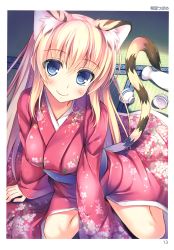 Rule 34 | 1girl, absurdres, animal ears, blonde hair, blue eyes, blush, breasts, choko (cup), closed mouth, cup, floral print, from above, hair between eyes, head tilt, highres, japanese clothes, kimono, large breasts, long hair, long sleeves, looking at viewer, nozomi tsubame, page number, sakazuki, scan, sitting, smile, solo, striped tail, tail, tatami, tiger ears, tiger tail, toranoana, very long hair