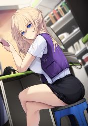 Rule 34 | 1girl, bad id, bad pixiv id, black shorts, blonde hair, blue eyes, cellphone, closed mouth, counter, crossed legs, ddangbi, elbow rest, head rest, highres, holding, holding phone, korean commentary, legs, long hair, looking at phone, original, phone, purple vest, shirt, short sleeves, shorts, sitting, smartphone, solo, stool, thighs, torn clothes, torn shorts, vest, white shirt