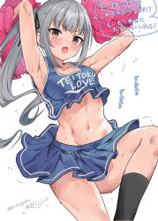 Rule 34 | 1girl, alternate costume, black ribbon, black skirt, black socks, commentary request, crop top, english text, grey hair, hair ribbon, highres, holding, holding pom poms, kantai collection, kasumi (kancolle), knee up, kneehighs, long hair, looking at viewer, midriff, mizuta kenji, navel, one-hour drawing challenge, open mouth, pom pom (cheerleading), pom poms, ribbon, side ponytail, signature, skirt, sleeveless, socks, solo, sweat, twitter username, very sweaty, white background, yellow eyes