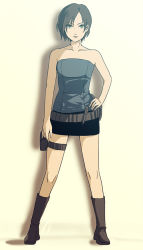 Rule 34 | 1girl, bare shoulders, black hair, blue eyes, breasts, closed mouth, collarbone, full body, hottaryou, jill valentine, looking at viewer, resident evil, resident evil 3, resident evil 3: nemesis, short hair, simple background, skirt, sleeveless, small breasts, solo, standing, thigh strap, white background