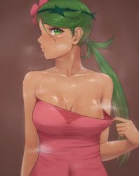 Rule 34 | 1girl, arms at sides, bad id, bad pixiv id, bare arms, bare shoulders, blush, breasts, brown background, cleavage, closed mouth, collarbone, creatures (company), dark-skinned female, dark skin, embarrassed, female focus, game freak, green eyes, green hair, hair ornament, highres, long hair, looking at viewer, low twintails, mallow (pokemon), medium breasts, mil k vanilla, nintendo, nose blush, pokemon, pokemon (anime), pokemon sm (anime), red tube top, shiny skin, simple background, skin tight, solo, strapless, sweat, swept bangs, tube top, twintails, very sweaty, wet