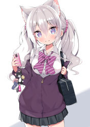 Rule 34 | 1girl, animal ear fluff, animal ears, bag, black skirt, blush, bow, bowtie, breasts, cat, cat ears, cellphone, cellphone charm, charm (object), commentary request, cowboy shot, emoji, grey background, hair ornament, hair scrunchie, highres, charm (object), long hair, looking at viewer, medium breasts, off shoulder, original, phone, pleated skirt, purple eyes, school bag, scrunchie, shark, shoulder bag, silver hair, siragagaga, skirt, smile, solo, striped, striped bow, twintails, two-tone background, very long hair, white background