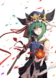 Rule 34 | 1girl, absurdres, black skirt, blue hat, blue vest, blush, breasts, commentary request, cowboy shot, detached sleeves, epaulettes, flower, frilled hat, frills, green eyes, green hair, hair between eyes, hat, highres, holding, holding flower, ishida kazuma, looking at viewer, parted lips, red flower, rod of remorse, shiki eiki, skirt, small breasts, smile, solo, touhou, vest, white background, white sleeves