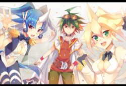 Rule 34 | 1boy, 2girls, :d, ahoge, black bow, blonde hair, blue hair, bow, bowtie, breasts, brown eyes, cape, choker, cleavage, cleavage cutout, clothing cutout, confetti, duel monster, dyed bangs, epaulettes, goggles, goggles on head, green eyes, green hair, green pants, horns, jewelry, letterboxed, long hair, looking at viewer, medium breasts, multicolored hair, multiple girls, necklace, open mouth, orange hair, pants, performapal corn, performapal uni, red eyes, red hair, red shirt, rento (rukeai), sakaki yuya, shirt, single horn, smile, spiked hair, white cape, yu-gi-oh!, yu-gi-oh! arc-v
