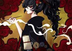 Rule 34 | 1girl, absurdres, black hair, black kimono, commentary request, earrings, fingernails, flower, from side, hair flower, hair ornament, hairpin, highres, holding, holding smoking pipe, japanese clothes, jewelry, kimono, long fingernails, long hair, long sleeves, nibeoka shin&#039;yasu, open mouth, raven branwen, red eyes, red flower, rwby, sharp fingernails, smoke, smoking pipe, solo, sword hilt, tassel, wide sleeves, yellow background
