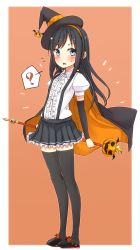 Rule 34 | 10s, 1girl, ?, asashio (kancolle), black hair, black skirt, black thighhighs, cape, commentary request, flying sweatdrops, halloween, highres, kantai collection, long hair, nonono (mino), pleated skirt, skirt, solo, spoken question mark, suspenders, thighhighs