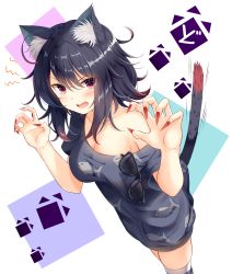 Rule 34 | 1girl, ahoge, akine (kuroyuri), animal ear fluff, animal ears, bare shoulders, black hair, black tail, blue background, blush, breasts, cat ears, cat girl, cat tail, claw pose, cleavage, collarbone, commentary request, eyewear hang, unworn eyewear, fang, fingernails, from above, hair between eyes, hands up, highres, long hair, looking at viewer, medium breasts, messy hair, multicolored tail, nail polish, off shoulder, open mouth, original, pink eyes, red nails, red tail, shark print, sharp fingernails, short sleeves, solo, sunglasses, tail, thighhighs, white background