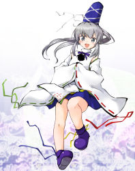 Rule 34 | 1girl, :d, ankle boots, blush, boots, detached collar, full body, gradient background, grey eyes, grey hair, hat, highres, huyusilver, japanese clothes, kariginu, legs, long hair, looking at viewer, miniskirt, mononobe no futo, open mouth, ponytail, skirt, sleeves past wrists, smile, solo, tate eboshi, touhou, tsurime