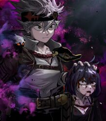 Rule 34 | absurdres, ahoge, antenna hair, asta (black clover), black bulls (emblem), black capelet, black clover, black dress, black hair, black headband, blood, capelet, closed mouth, collared shirt, dress, green eyes, grey hair, hair between eyes, hand on another&#039;s head, headband, highres, liebe (black clover), long bangs, looking at another, poonwip, red eyes, secre swallowtail, shirt, spiked hair, white shirt
