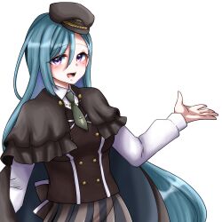 Rule 34 | 1girl, assault lily, back bow, black bow, black cape, black hat, black skirt, black vest, blue hair, blush, bow, breasts, brown skirt, buttons, cape, collared shirt, commentary request, hair between eyes, hand up, hat, highres, long bangs, long hair, long sleeves, looking at viewer, lower teeth only, medium breasts, open hand, open mouth, peaked cap, purple eyes, school uniform, shirt, simple background, skirt, smile, solo, standing, striped clothes, striped skirt, teeth, tilted headwear, tora (yoaq151bibozrrb), two-tone skirt, vertical-striped clothes, vertical-striped skirt, very long hair, vest, white background, white shirt, yoshii kasumiko