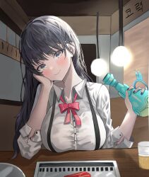 Rule 34 | 1girl, absurdres, aqua eyes, black hair, black nails, blush, breasts, closed mouth, collared shirt, cup, drinking glass, earrings, fakey, hand on own cheek, hand on own face, head rest, highres, holding, jewelry, large breasts, long hair, looking at viewer, nail polish, neck ribbon, original, pov across table, red ribbon, ribbon, shirt, smile, solo, table, upper body, white shirt