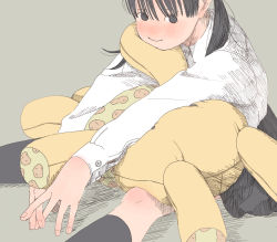 Rule 34 | 1girl, black eyes, black hair, black socks, black skirt, blush, closed mouth, commentary request, feet out of frame, grey background, highres, kneehighs, long hair, long sleeves, looking at viewer, no pupils, original, school uniform, shadow, shiki haru, shirt, simple background, sitting, skirt, smile, socks, solo, spread legs, stuffed animal, stuffed toy, twintails, white shirt