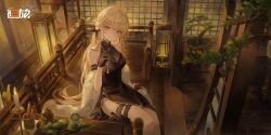 Rule 34 | 1girl, architecture, arm support, bare shoulders, black dress, black gloves, black ribbon, blonde hair, bonsai, breasts, bridal garter, candle, china dress, chinese clothes, closed mouth, copyright name, cup, dress, east asian architecture, feather boa, feet out of frame, flower, girls&#039; frontline, girls&#039; frontline 2: exilium, gloves, hair flower, hair ornament, hair ribbon, hand up, highres, holding, lantern, logo, long hair, looking at viewer, medium breasts, official art, on chair, ots-14 (girls&#039; frontline), ots-14 (sangria succulent) (girls&#039; frontline), paper lantern, pelvic curtain, plant, potted plant, ribbon, saucer, sitting, sleeveless, sleeveless dress, smile, solo, teacup, white flower, wooden floor, yellow eyes
