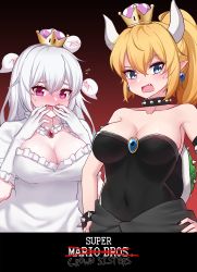 Rule 34 | 2girls, armlet, bad id, bad pixiv id, bare shoulders, black dress, black nails, blonde hair, blue dress, blue eyes, blush, boo (mario), bowsette, bracelet, breasts, cleavage, collar, collarbone, commentary request, copyright name, covering face, crown, dress, earrings, embarrassed, fangs, flying sweatdrops, frilled dress, frills, full-face blush, gem, ghost, gradient background, hair between eyes, hand up, hands on own hips, highres, horns, jewelry, long hair, luigi&#039;s mansion, mario (series), medium breasts, multiple girls, nail polish, narynn, neck garter, new super mario bros. u deluxe, nintendo, open mouth, pointy ears, ponytail, princess king boo, purple eyes, red background, sharp teeth, short sleeves, spiked armlet, spiked bracelet, spiked collar, spiked shell, spikes, strapless, strapless dress, super crown, sweat, teeth, turtle shell, upper body, v-shaped eyebrows, very long hair, white dress, white hair