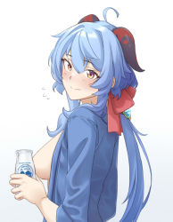 Rule 34 | 1girl, ahoge, blue hair, blue shirt, blush, bottle, breasts, breasts out, brown eyes, closed mouth, convenient censoring, flying sweatdrops, from side, ganyu (genshin impact), genshin impact, holding, holding bottle, horns, long hair, long sleeves, looking at viewer, looking to the side, low ponytail, medium breasts, milk bottle, naked shirt, nervous smile, no bra, open clothes, open shirt, saruno (eyesonly712), shirt, simple background, smile, solo, upper body, white background