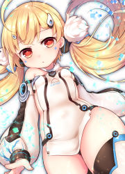 Rule 34 | 1girl, :o, ahoge, azur lane, bare shoulders, blonde hair, breasts, clothing cutout, commentary request, covered navel, cowboy shot, detached sleeves, dutch angle, eldridge (azur lane), facial mark, fur trim, hair ornament, hairclip, highres, looking at viewer, low twintails, orange eyes, puffy sleeves, side cutout, sideboob, small breasts, solo, square, thick thighs, thighhighs, thighs, twintails, umishima rinta