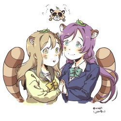 Rule 34 | 10s, 2girls, animal ears, artist name, bad id, bad twitter id, blazer, blush, bow, bowtie, brown hair, green bow, green bowtie, green eyes, holding hands, in-franchise crossover, jacket, kemonomimi mode, kunikida hanamaru, leaf, leaf on head, long hair, long sleeves, love live!, love live! school idol project, love live! sunshine!!, multiple girls, open mouth, purple hair, raccoon, raccoon ears, raccoon tail, sailor collar, scrunchie, simple background, smile, sweater, tail, tanuki, tojo nozomi, twintails, twitter username, upper body, white background, yellow bow, yellow bowtie, yellow eyes, yeondoo (wnrhl7)