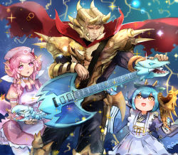 Rule 34 | 1boy, 2girls, apron, blue hair, blush, braid, cape, dragon girl, dragonmaid (yu-gi-oh!), dress, duel monster, frilled apron, frills, guitar, hat, hatano kiyoshi, highres, holding, holding instrument, horns, instrument, laundry dragonmaid, long sleeves, lord of d., maid apron, multiple girls, nurse cap, nurse dragonmaid, open mouth, pink eyes, pink hair, puffy short sleeves, puffy sleeves, red eyes, short hair, short sleeves, shoulder spikes, spikes, the flute of summoning dragon, the king of d., wide sleeves, yellow eyes, yu-gi-oh!