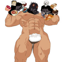 Rule 34 | 1boy, abs, animal head, bamashengze, bara, caiman (dorohedoro), carrying over shoulder, character request, completely nude, convenient censoring, dorohedoro, dumpling, feet out of frame, food, gas mask, green scales, highres, jiaozi, large pectorals, looking at viewer, male focus, mask, meat, muscular, muscular male, navel, nipples, nude, pectorals, reptile boy, risu (dorohedoro), solo focus, standing, stomach, strongman waist, thick thighs, thighs