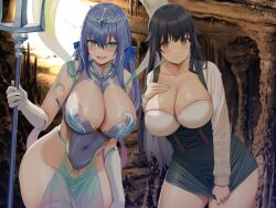 Rule 34 | 2girls, :d, black hair, blue eyes, blue hair, blush, braid, breasts, brown eyes, cleavage, closed mouth, collarbone, covered navel, elbow gloves, gloves, hair ornament, hand on own chest, highres, holding trident, large breasts, leaning forward, long hair, long sleeves, looking at viewer, multiple girls, non-web source, oekakizuki, open mouth, original, see-through, smile, white gloves