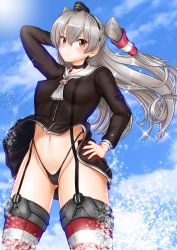 Rule 34 | 1girl, amatsukaze (kancolle), black dress, black panties, blue sky, blush, breasts, cameltoe, cleft of venus, clothes lift, cloud, commentary request, commission, covered erect nipples, cowboy shot, dress, dress lift, garter straps, grey neckerchief, hair tubes, hand on own hip, hat, highleg, highleg panties, highres, kantai collection, lifebuoy ornament, long hair, long sleeves, looking at viewer, medium breasts, mini hat, navel, neckerchief, nipples, panties, panties over garter belt, pixiv commission, red thighhighs, sailor collar, sailor dress, see-through, short dress, silver hair, sky, sleeve cuffs, smokestack hair ornament, solo, striped clothes, striped thighhighs, thighhighs, two side up, underwear, ura tomomi, white sailor collar, wind, wind lift