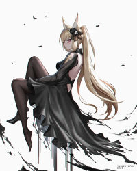 Rule 34 | 1girl, animal ears, artist name, backless dress, backless outfit, bad id, bad pixiv id, bare back, black dress, black pantyhose, blonde hair, blush, breasts, commentary request, dress, flower, granblue fantasy, hair flower, hair ornament, highres, long hair, long sleeves, pantyhose, ponytail, red eyes, shoes, simple background, single shoe, solo, white background, yuisis (granblue fantasy), yurichtofen
