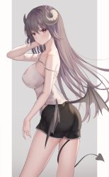 Rule 34 | 1girl, arm up, ass, bare arms, bare shoulders, black shorts, breasts, camisole, closed mouth, commentary, curled horns, demon girl, demon horns, demon tail, demon wings, from side, grey hair, highres, horns, large breasts, long hair, looking at viewer, looking to the side, low wings, original, purple eyes, shirt, short shorts, shorts, shuvi (shuvi1125), sleeveless, sleeveless shirt, solo, spaghetti strap, strap slip, tail, tail around own leg, thighs, white shirt, wings