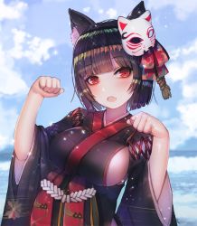 Rule 34 | 1girl, animal ear fluff, animal ears, azur lane, bad id, bad twitter id, bell, black hair, black kimono, blue sky, blunt bangs, blush, bob cut, breasts, cat ears, cloud, day, eyeshadow, fang, hair ornament, hanato (seonoaiko), head tilt, japanese clothes, kimono, large breasts, looking at viewer, makeup, mask, mask on head, ocean, open mouth, outdoors, paw pose, red eyes, short hair, sideboob, sky, smile, solo, sparkle, upper body, water, wide sleeves, yamashiro (azur lane)