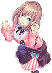 Rule 34 | 1girl, :3, absurdres, akasaai, blue bow, blue eyes, blush, bow, brown hair, cardigan, claw pose, commentary request, feet out of frame, from above, green nails, hair between eyes, highres, long skirt, long sleeves, looking at viewer, medium hair, multicolored nails, nail polish, nijisanji, open mouth, pantyhose, pink cardigan, red nails, shirt, simple background, skirt, solo, striped clothes, striped legwear, striped pantyhose, striped skirt, suzuhara lulu, suzuhara lulu (1st costume), vertical-striped clothes, vertical-striped pantyhose, vertical-striped skirt, virtual youtuber, white background, white shirt