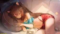 Rule 34 | 1girl, animal ears, bare shoulders, blue shirt, bra strap, brown hair, cellphone, closed eyes, commentary request, commission, couch, crop top, highres, long hair, lying, mixed-language commentary, nagasawa tougo, navel, off-shoulder shirt, off shoulder, on couch, on side, original, park bokja, parted lips, phone, pixiv commission, ponytail, red shorts, shirt, short shorts, shorts, sleeping, smartphone, solo, squirrel ears, squirrel girl, squirrel tail, stomach, tail, tail pillow, thong, twitter username