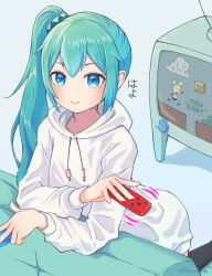 Rule 34 | 1girl, :&gt;, alternate hairstyle, aqua eyes, aqua hair, black thighhighs, cloud, collarbone, controller, couch, drawstring, dual wielding, hachune miku, handheld game console, hatsune miku, highres, holding, holding controller, hood, hoodie, kagamine rin, kneeling, leaning forward, leaning on object, long hair, looking at viewer, miku day, motion lines, nintendo switch, scanlines, side ponytail, smile, solo, television, thighhighs, translated, twitter username, very long hair, video game, vocaloid, white hoodie, yasuno-labo