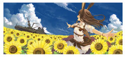 Rule 34 | 1girl, animal ears, battleship, belt, blue sky, border, bracelet, breasts, brown hair, closed eyes, cloud, collared shirt, commentary, cowboy shot, day, facing to the side, field, floating hair, flower, flower field, gun, handgun, happy, highres, holster, holstered, jewelry, long hair, military vehicle, moss, multiple belts, nature, open mouth, original, outdoors, outstretched arms, overgrown, petals, profile, rabbit ears, rabbit girl, red skirt, sash, ship, shirt, shoulder holster, skirt, sky, sleeves rolled up, small breasts, solo, spread arms, standing, sunflower, sunflower field, suzuke, untucked shirt, warship, watercraft, weapon, wind, yellow flower
