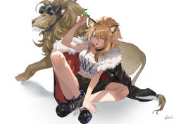 Rule 34 | 1girl, absurdres, animal, animal ears, arknights, artist name, bare arms, bare legs, bare shoulders, black choker, black footwear, black jacket, black shorts, blonde hair, boots, breasts, candy, choker, cleavage, food, fur-trimmed jacket, fur trim, goggles, hair between eyes, head tilt, highres, holding, holding candy, holding food, holding lollipop, indian style, injury, jacket, jacket on shoulders, large breasts, lion, lion ears, lollipop, long hair, looking at viewer, open mouth, parted lips, short shorts, shorts, siege (arknights), signature, sitting, solo, strash, tank top, thighs, weapon, white tank top, yellow eyes
