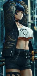 Rule 34 | 1girl, absurdres, arms up, belt, black shorts, blue eyes, blue hair, blunt bangs, blurry, blurry background, breasts, buttons, choker, cowboy shot, crop top, crop top overhang, dated, glasses, hair intakes, highres, hololive, hololive english, jacket, katana, large breasts, linea alba, long hair, long sleeves, looking at viewer, navel, no bra, open clothes, open jacket, ouro kronii, parted lips, puffy long sleeves, puffy sleeves, round eyewear, scabbard, sheath, sheathed, short shorts, shorts, solo, steb, stomach, sword, tank top, thigh strap, toned, toned female, underboob, unzipped, virtual youtuber, weapon, zipper, zipper pull tab